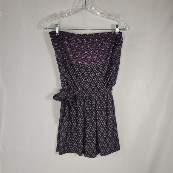 White House Black Market Pants - White House Black Market Small Strapless Geometric Romper Black Purple Pockets